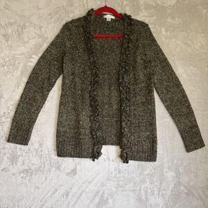 Womens Multicolor Knit Cardigan Sweater Medium Ruffle Trim Marled Boho Whimsy